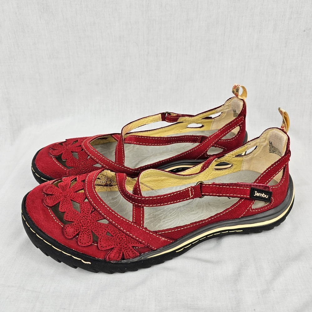 Jambu Encore Red Leather Mary Jane Wildflower Floral Comfort Flats Women's 9 M